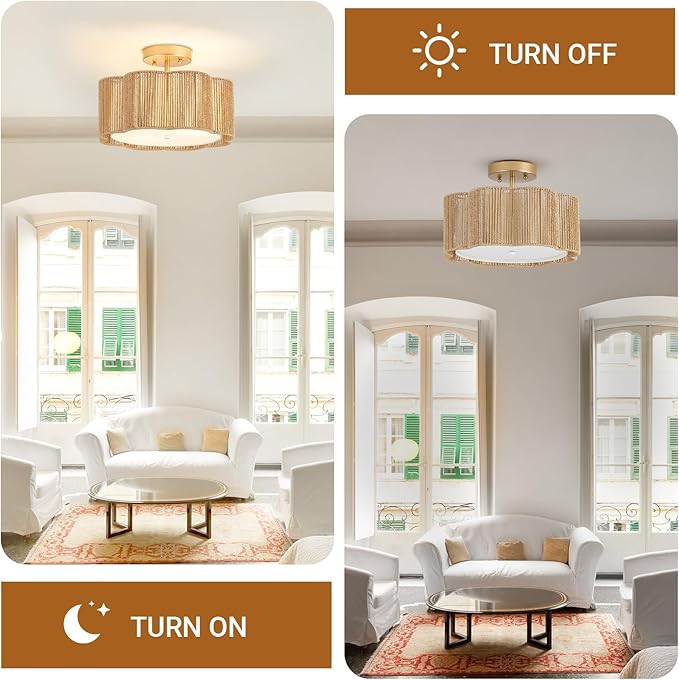 13 Inch Rattan Flush Mount Ceiling Light Fixtures 2-Light Boho Light Fixtures for Bedroom,Close to Ceiling Light Modern for Hallway Kitchen Entryway Dining Room