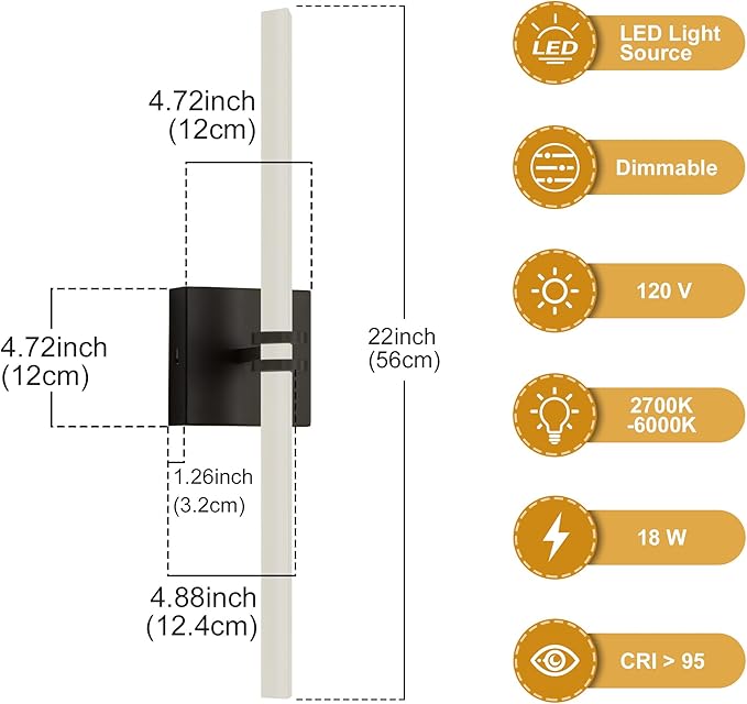 Bathroom Light Fixtures,Black 18W LED 360° Full Lighting Modern Wall Sconce Vanity Light with 5-Color Dimmable 3000K-6000K, 22.05inch Vanity Lighting for Bath, Powder Room, Bedroom, Hallway