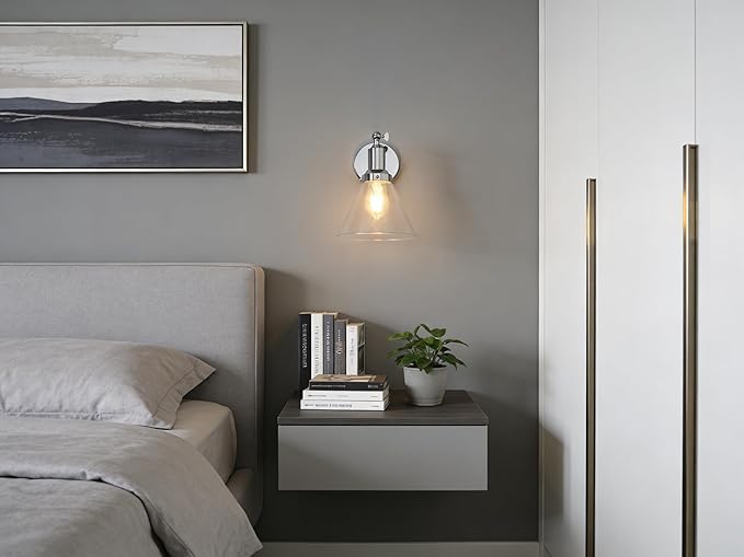 PERMO Industrial Vintage Slope Pole Wall Mount Single Sconce with Funnel Flared Clear Glass Shade Chrome Wall Sconce Light Fixtures