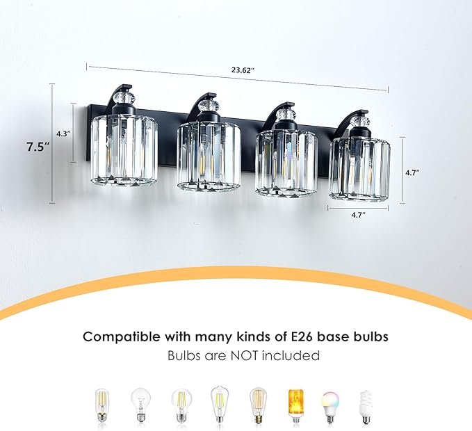 4-Light Black Bathroom Light Fixture Modern Vanity Lights Over Mirror Vintage Wall Sconce Lighting for Bathroom, Bedroom, Living Room, Hallway E26 Base with Crystal Bathroom Vanity Light