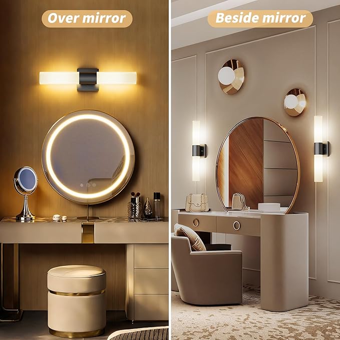 Kalium Bathroom Wall Sconces Set of Two, 21 Inch Modern Vanity Lights with Frosted Glass Shade, Bathrooms Vanity Lighting Fixtures for Mirror Bedroom Living Room Hallway (Black)