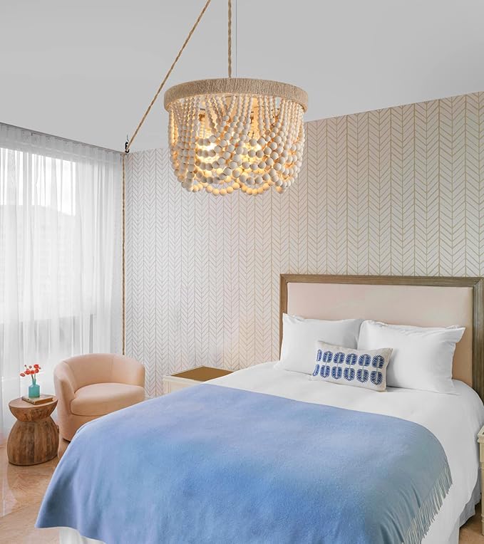 AMZASA Plug in Chandelier Boho Woven Hemp Rope Wooden Beaded Farmhosue Hanging Pendant Light Fixture with 14.8FT Cord On/Off Switch 3 Lights for Nursery Bedroom Living Room Dining Room UL Listed