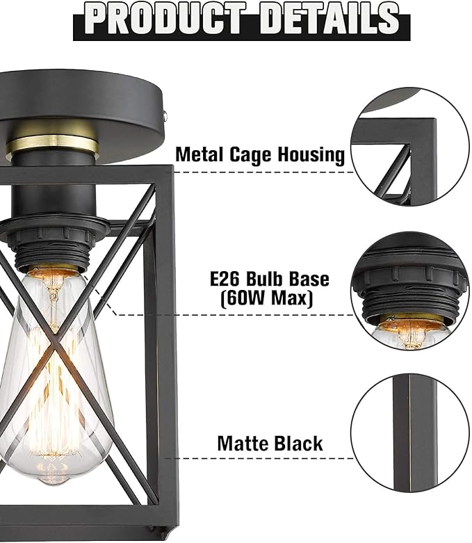 Ken & Ricky Kitchen Over Sink Light,Flush Mount Ceiling Light Fixtures,Single Bulb,Ceiling Mount for Kitchen Above Sink, Hallway Laundry Room Entryway,Farmhouse Industrial Style