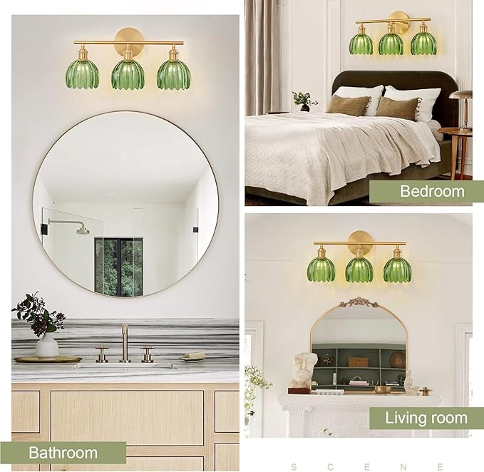 Gold Bathroom Light Fixtures Over Mirror, 3 Light Bathroom Vanity Light Fixture with Tulip Green Glass Lampshade, Vintage Vanity Lights for Bathroom, Bathroom Vanity Lights Over Mirror