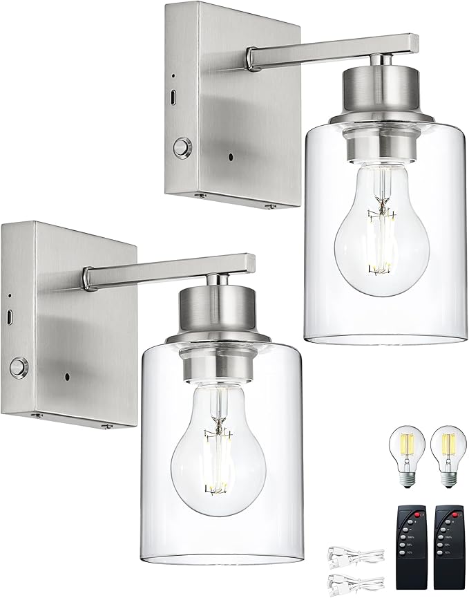 Rayogale Wireless Wall Sconces, Nickel Battery Operated Wall Sconce Set of 2 with Timer Function, Easy Install Dimmable Rechargeable Wall Lamps for Living Room, Bedroom, Hallway, Entryway Decor 3000K