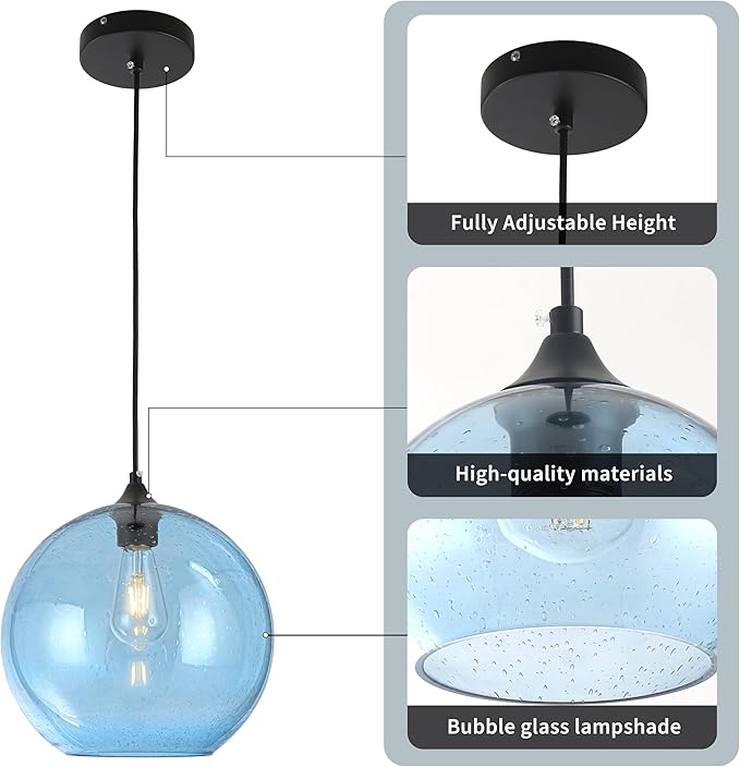 Blue Glass Pendant Lights Kitchen Island Lighting Modern Globe Pendant Light Fixtures Modern Pendant Lights for Kitchen Island Bedroom Living Dining Room Light Fixture-11.8inch