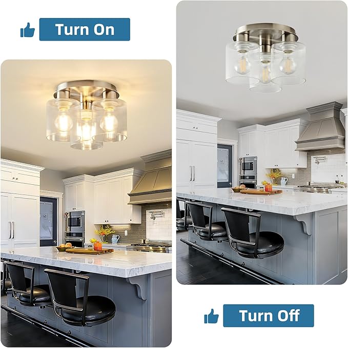 OKELI 3-Lights Semi Flush Mount Ceiling Light Fixture, Brushed Nickel Modern Close to Ceiling Light for Kitchen, Foyer, Entryway, Hallway, Dining Room, Clear Glass Shade