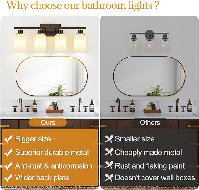 Indoi 4-Light Bathroom Light Fixtures, Brown and Gold Vanity Lights with Milk Glass Shades, Modern Bathroom Wall Lamp for Mirror Living Room Bedroom Porch