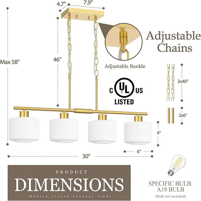4-Light Brushed Gold Kitchen Island Lighting, Modern Linear Dining Room Chandelier Light Fixtures with Milk Glass and Chain, Mid Century Hanging Lights for Kitchen Island, OS-YQ8153-4ISBGW