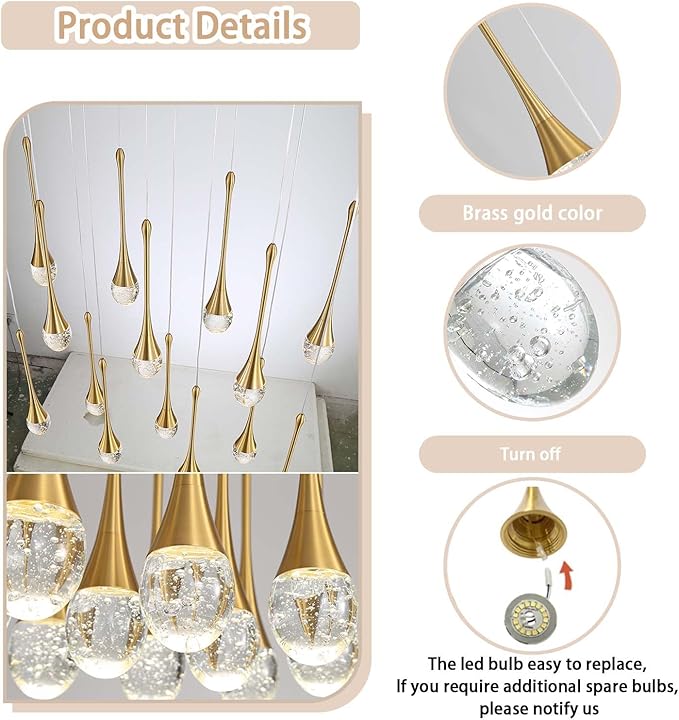 ykolupty 14-Light Modern LED Pendant Lighting Fixture for Kitchen Island Raindrop Crystal Chandelier Gold Chandelier for Dining Room High Ceiling Chandeliers for Staircase Foyer Hallway Villa