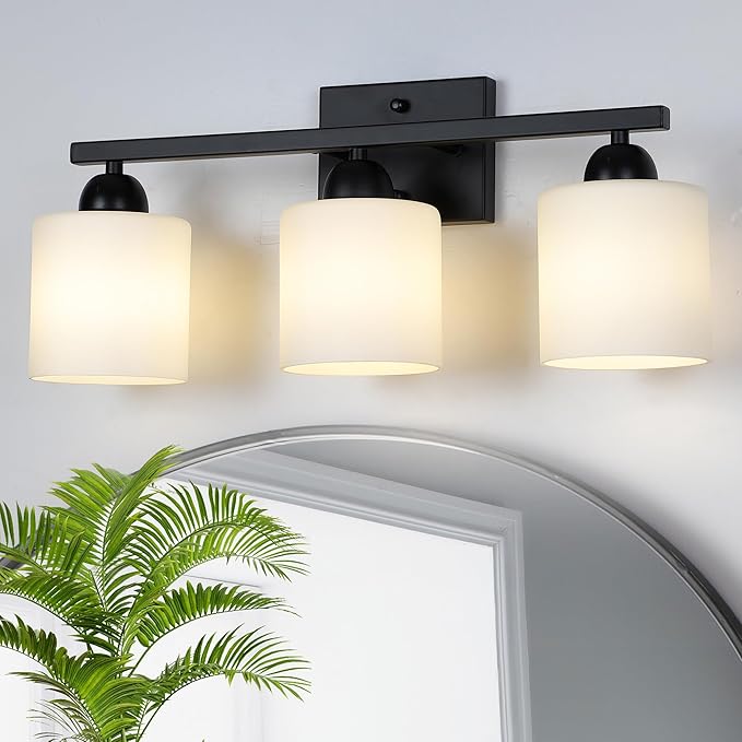 Mecgirn Milk Glass Vanity Lights for Bathroom, 3 Light Matte Black Bathroom Light Fixtures Over Mirror, Ceramic E26 Sockets Wall Mounted