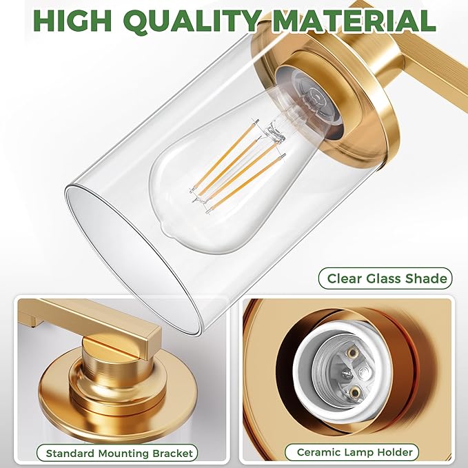 DORESshop 17 Inch Bathroom Light Fixtures, 3-Light Brushed Gold Bathroom Lighting Fixtures Over Mirror with Clear Glass Shade, Vanity Lights for Living Room Bedroom