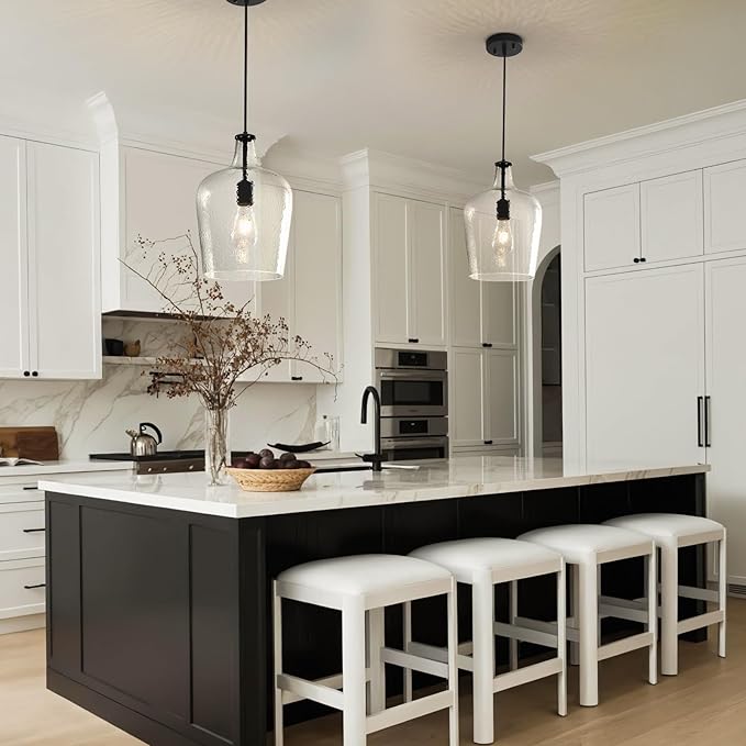 2 Pack 9.3" Glass Pendant Lighting for Kitchen Island,Black Large Pendant Light Fixture with blown Thickened Glass,1 Light Farmhouse Hanging Light for Hallway,Bedroom, Living Room Tall 14 inch