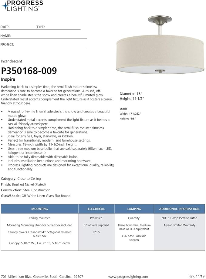 Progress Lighting P350168-009 Inspire Close-to-Ceiling, Nickel 11.50x18.00x18.00