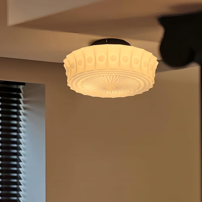 FCTWAKS Schoolhouse Ceiling Light Fixture, 13.8" Milk Glass Semi Flush Mount Mid Century Vintage Ceiling Light for Bedroom Hallway Kitchen, E26 Base Bulb Included, White