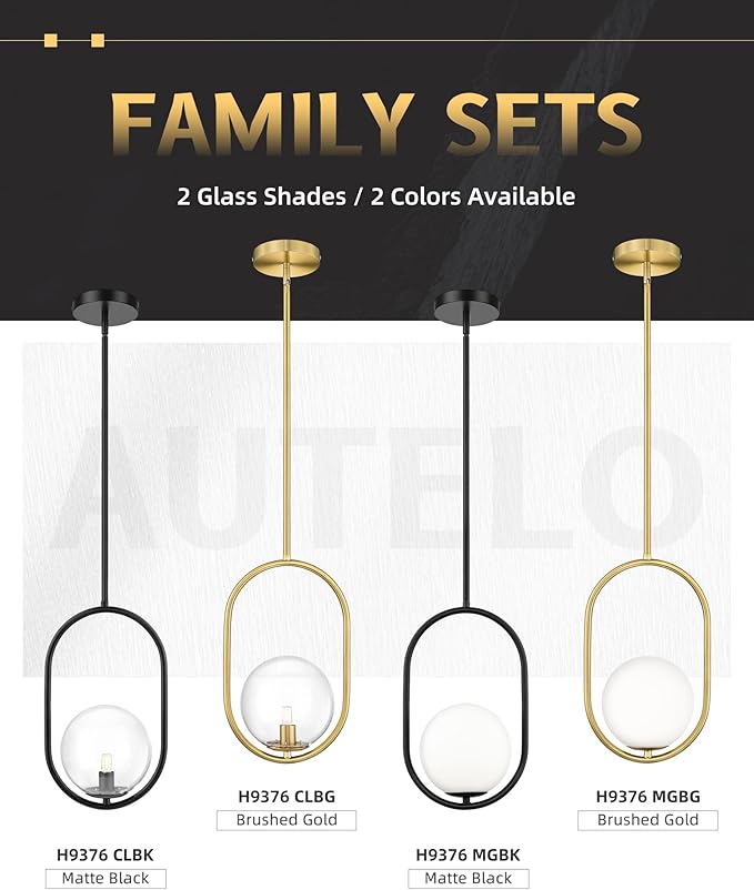 AUTELO Gold Pendant Lights, 1-Light Pendant Lights Kitchen Island in Brushed Gold Finish with Clear Globe Glass, Mid Century Pendant Light Fixtures, Gold Hanging Lights for Kitchen Island H9376 CLBG