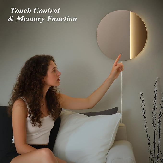 ONEWISH LED Wall Sconce, Dimmable Mirror Wall Lamp,16.93 inch Round Wall Lights for Bedroom with Memory Function, Wall Lamps for Living Room Entryway, Smoky Gray