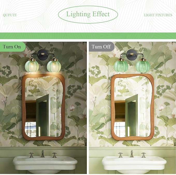 2-Lights Bathroom Wall Light Fixtures Modern Vanity Light with Leaf Texture Glass Globe Shades Emerald Green Mid Century Modern Wall Lamp Sconce for Over Mirror Living Room Cabinet