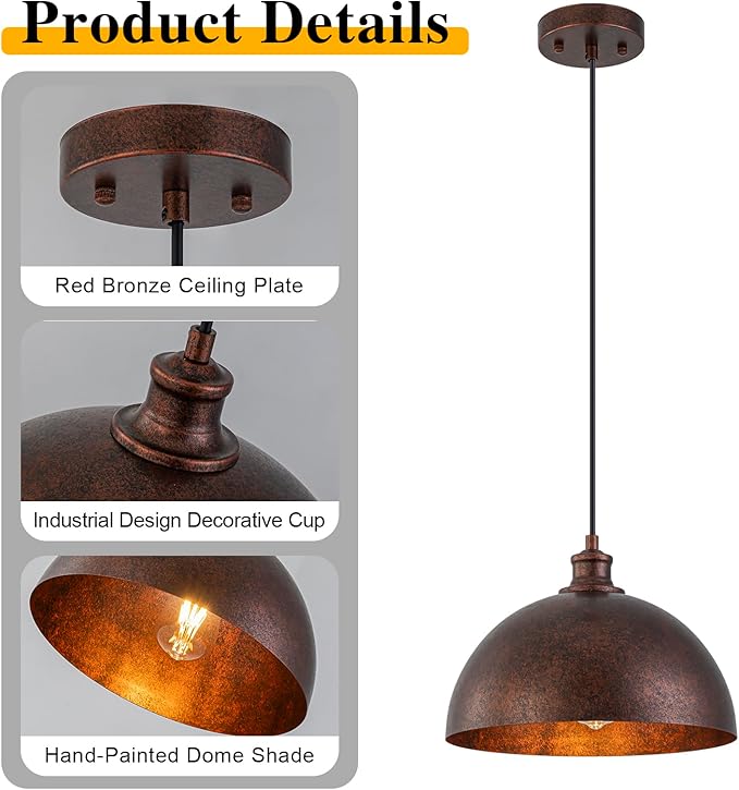 Farmhouse Pendant Lights Kitchen Island,11.8" Red Bronze Rustic Dome Pendant Lights Fixture,Adjustable Height Industrial Chandelier for Dining Room,Bedroom,Hallway