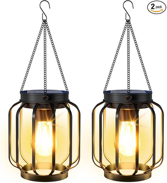 Solar Lanterns Outdoor Waterproof 2 Pack, 14.37'' Metal Hanging Solar Lights for Outside with Auto On/Off & Hook - Brighter Hanging Outdoor Lanterns Decorative Lighting for Garden Patio Yard