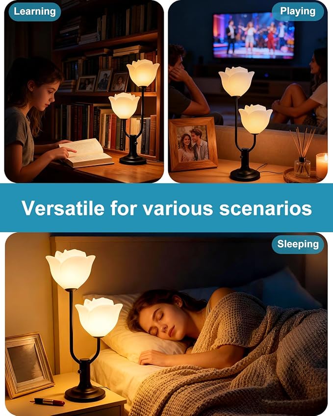 Lightdot Women Bedside Table Lamps for Bedroom, 2-Light Cute Flower Desk Lamp with Bulbs Included, 0-100% Stepless Dimmable Black Nightstand Lamp, Floral Lamp for Living Room, Home Office,Reading