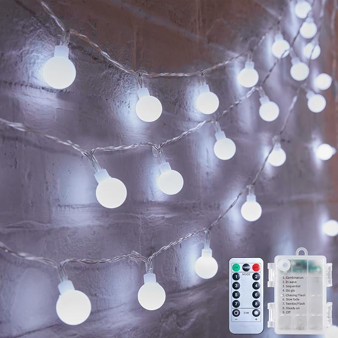 2 Pack Globe String Lights Battery Operated - 21 Feet 60 Led Fairy Lights, 8 Modes with Remote Mini Globe Lights for Indoor Outdoor Bedroom Party Wedding Garden Christmas Tree Decor, Pure White