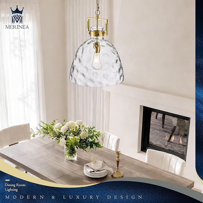 Glass Pendant Light, 13.8 Inch Single Hanging Ceiling Light with Adjustable Chain, E26 Base Oversized Clear Glass Kitchen Island Pendant Lighting in Brass Gold for Dining Room, Entryway