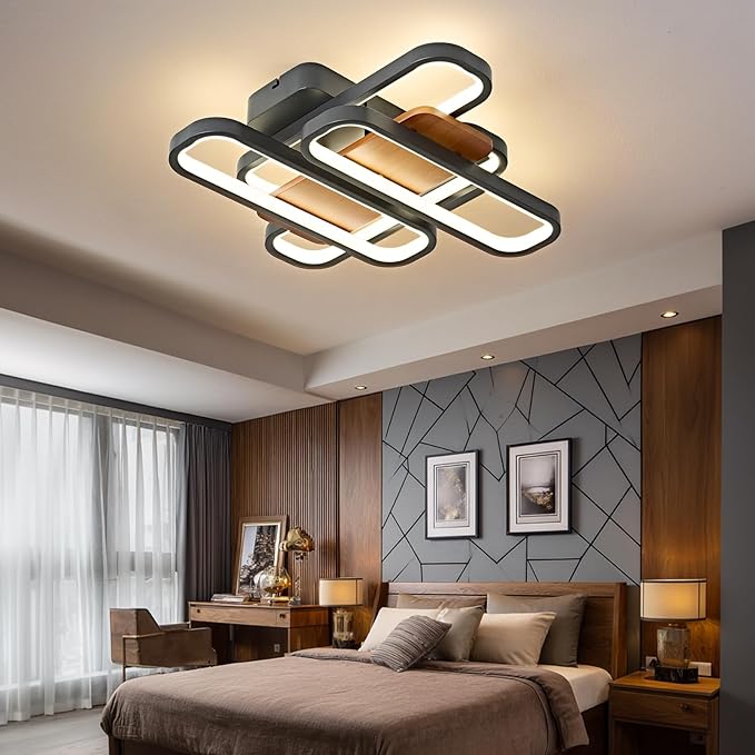 17.7" Modern Farmhouse Black LED Ceiling Light Dimmable Flush Mount Chandelier Ceiling Lights Fixtures, 3000K-6500K, Industrial Ceiling Lighting Fixture with Remote for Kitchen Bedroom,90W