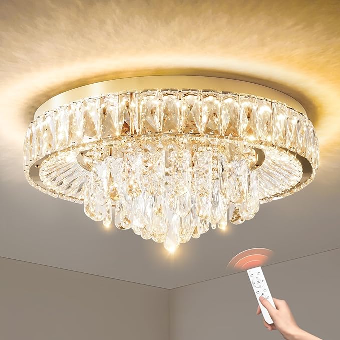 Modern LED Ceiling Crystal Chandelier: K9 Crystals Light With Remote For Dimmable - 20" Gold Crystal Chandeliers Flush Mount Ceilings Light Fixtures For Dining Room Bedroom Entryway Living Room