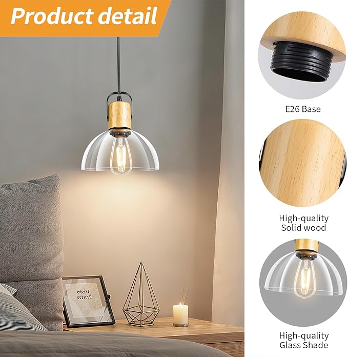 2 Pack Glass Pendant Lights Kitchen Island, Modern Farmhouse Pendant Light Fixture with 7.5" Clear Glass Shade, Hanging Light for Dining Room, Bedroom, Bathroom, Solid Wood