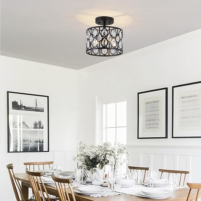 9 Inch Crystal Black Semi Flush Mount Ceiling Light,2-Light Modern Farmhouse Ceiling Light Fixture,Round Hallway Lighting Fixtures for Kitchen Entryway Bedroom Laundry