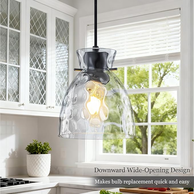 Hammered Glass Black Pendant Lights Kitchen Island 2 Pack, 5.9” Small Farmhouse Pendant Light Fixtures, Adjustable Modern Hanging Lighting Kitchen Pendant Lights over Island Sink Bathroom Dining Room