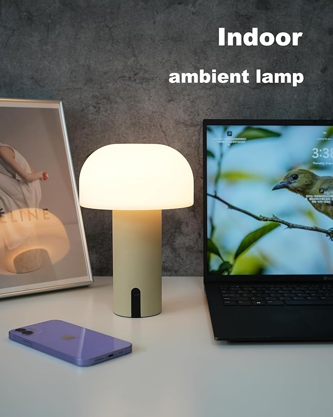 WEILAILUX Cordless Mushroom Table Lamp, Waterproof Shower Lamp, Battery Operated Table Lamp Rechargeable, Touch Dimmable Night Light for Bedroom/Patio/Camping/Dinning/Outdoor (Khaki)