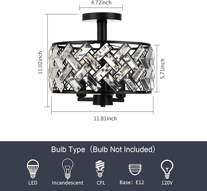 FRIDEKO HOME Black Crystal Ceiling Light - 3-Light Light Fixture Ceiling Mount Semi Flush Mount Ceiling Lights for Kitchen Bedroom Hallway Living Room Dining Room（3 Light-Black）