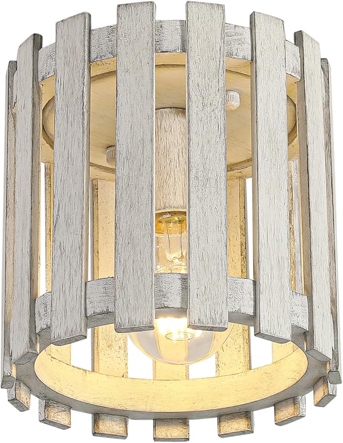 Rustic Flush Mount Ceiling Light, Farmhouse Wood Cage Semi Flush Mount Light for Entryway, Kitchen, Dining Room, White