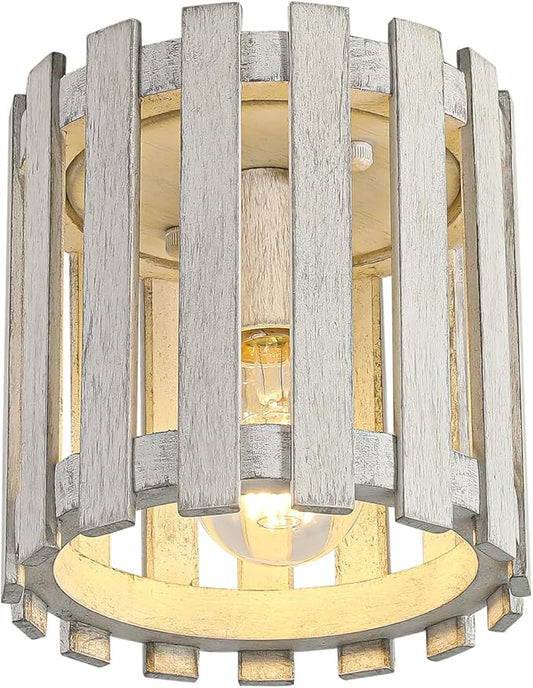 Rustic Flush Mount Ceiling Light, Farmhouse Wood Cage Semi Flush Mount Light for Entryway, Kitchen, Dining Room, White