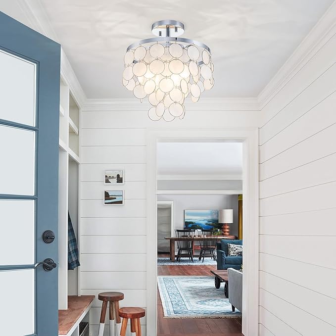 D11 inch Capiz Shell Ceiling Light, 3-Light Coastal Design Semi-Flushmount Light Fixture for Dining Room, Hallway, Bedroom, D11xH13 in, True Shell Pendants& Chrome Finish Frame