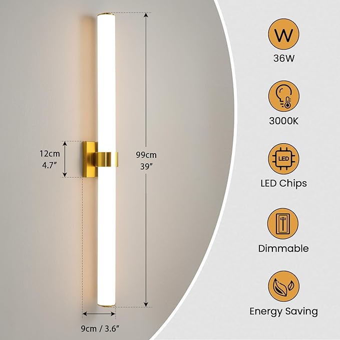 AIJIASI Bathroom Light Fixtures - 39 Inch Gold Bathroom Lights Over Mirror LED Vanity Light with Acrylic Shade, 36W Modern Vanity Lighting Fixtures for Mirror Living Room Gallery 3000K