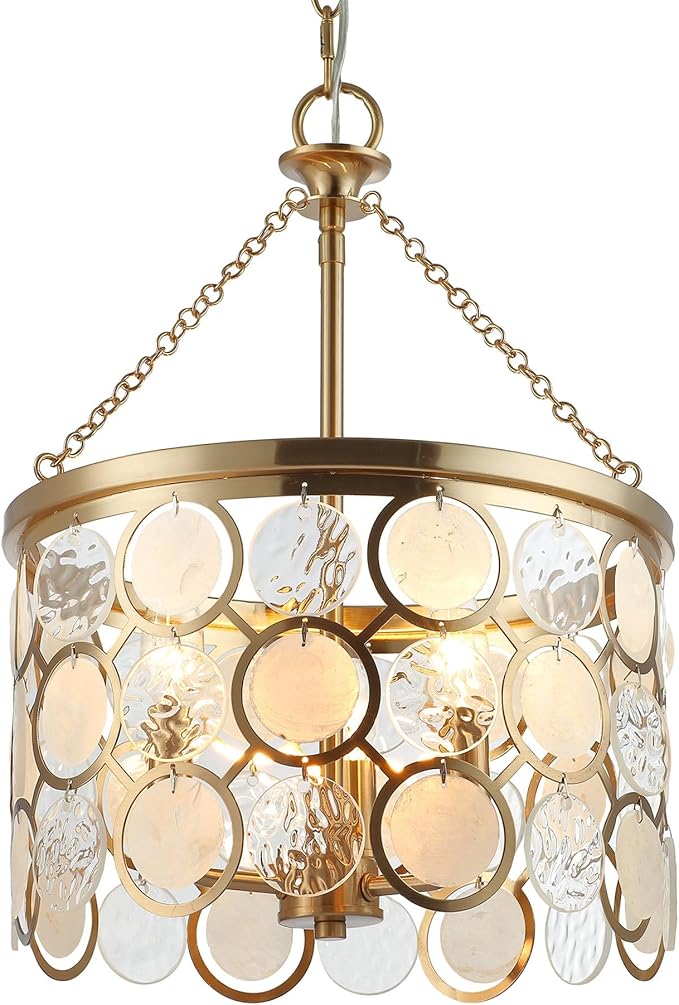 Kira Home Estelle 18" Modern Gold Pendant Light, Coastal Wavy Glass & Capiz Shell Gold Chandelier, 3-Light, Cool Brass Finish