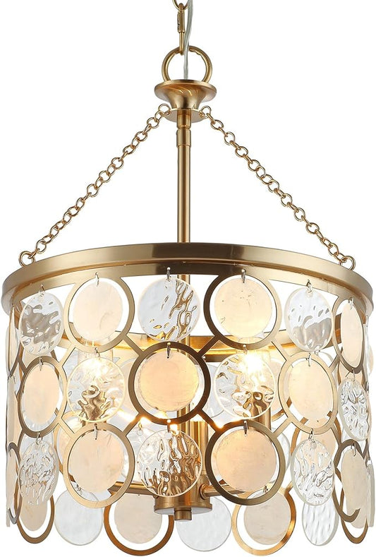 Kira Home Estelle 18" Modern Gold Pendant Light, Coastal Wavy Glass & Capiz Shell Gold Chandelier, 3-Light, Cool Brass Finish
