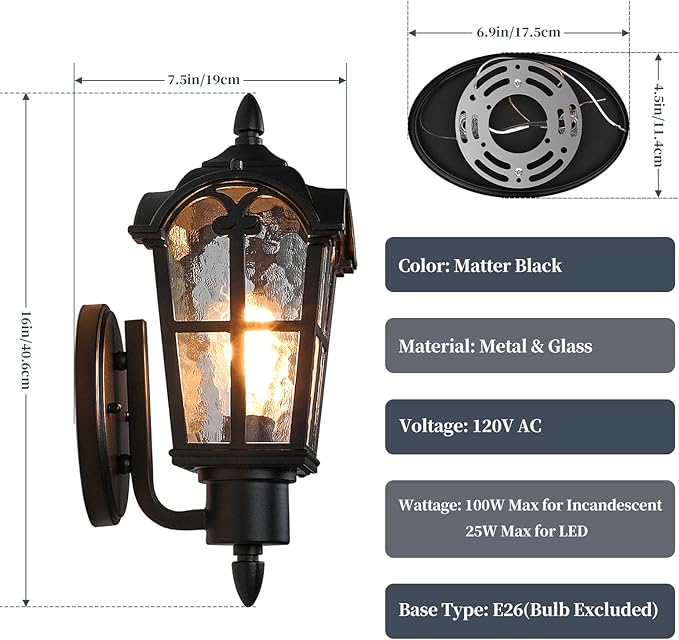 16” Large Size Outdoor Wall Light Fixtures Wall Mounted, Exterior Waterproof Porch Lights Lanterns, Outside Sconces with Water Ripple Glass for House Front Door Garage, Retro Vintage Style, 1 Pack