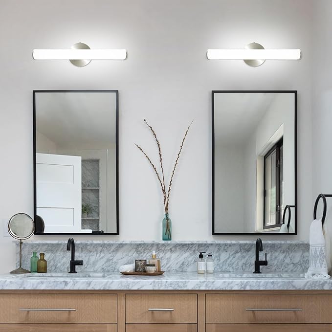 OOWOLF 2 Pack LED Vanity Light Bar for Bathroom, Dimmable Bathroom Light Fixtures 17.3inch 12W 1200LM Over Mirror Lighting Fixture Wall Sconce Modern Vanity Lighting 4000K Brushed Nickel