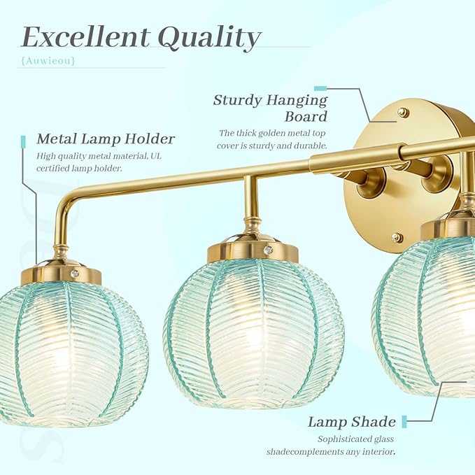 4 Light Gold Bathroom Lights Over Mirror, Vintage Wall sconces with Blue Glass Shade Bathroom Vanity Light mid Century Modern Wall Sconce Glass Wall Lighting Fixture for Bedroom Living Room