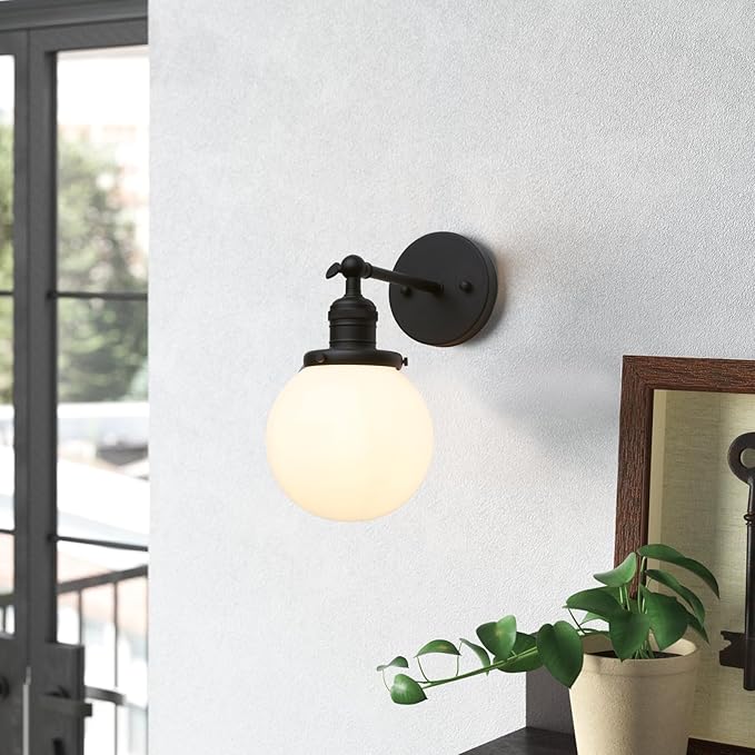 Phansthy 1-Light Wall Sconce, Brass Boho Bathroom Vanity Light, Modern Wall Light with Globe Glass Shade E26 Base, Adjustable Wall Lighting Fixtures for Bedroom, Living Room (Black, White Shade)