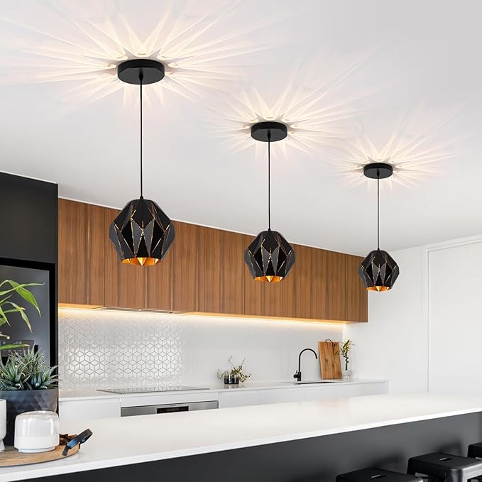 Industrial Pendant Lights Kitchen Island,Black Hanging Lighting Fixture with Metal Geometric Diamond Shade Vintage Ceiling Chandelier Pendant Lamp for Dining Living Room Bedroom 1 Light
