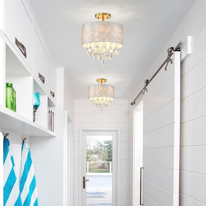 3-Light Capiz Shell Crystal Drum Ceiling Light, Coastal Style Close to Ceiling Light Fixture for Dining Room, Living Room & Bedroom, D12*H14 inch, Clear Crystal & Gold Finish
