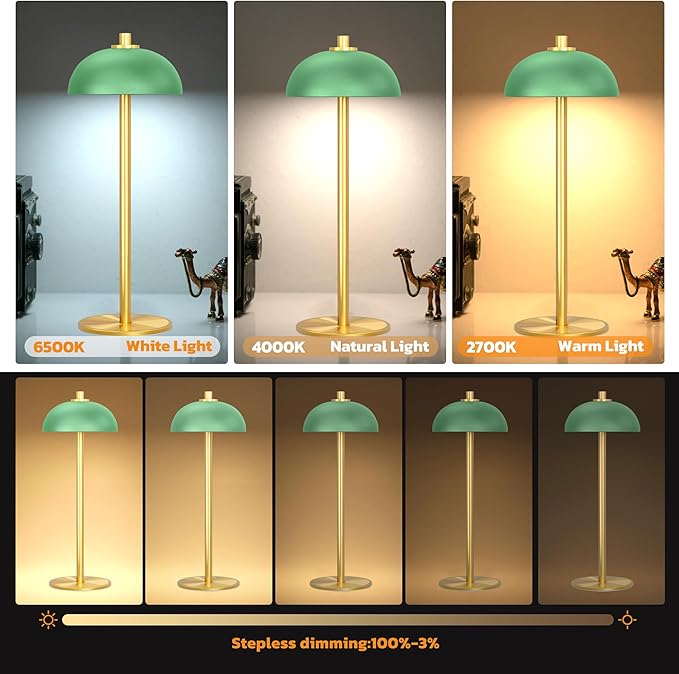 2 Pack Cordless Table Lamp, 5000mAh Portable Rechargeable Table Lamp, 3 Color Modes Stepless Dimming Table Light with Memory Function, for Dinner, Patio, Home, Restaurant.(Green)