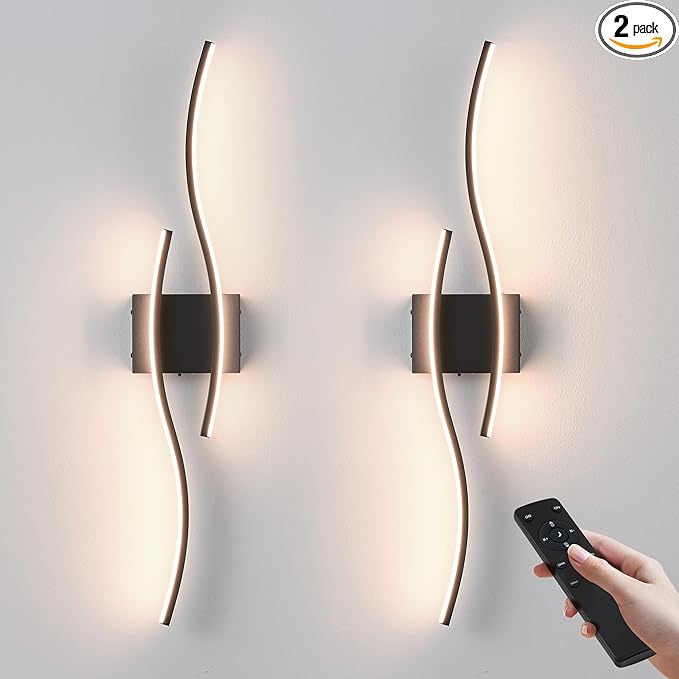 KARTOOSH Battery Operated Wall Sconces Set of Two with Remote Control, Dimmable/3 Color/Night-Light/Timer/Memory, Black Modern Wireless LED Sconce for Living Room, Hallway, Bedroom, 27.5 Inch (2 Pack)