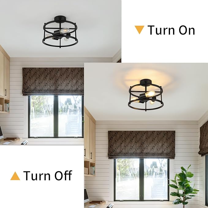 Semi Flush Mount Ceiling Light 12.59'' Farmhouse Black Ceiling Light Fixtures Industrial Kitchen Light Fixtures 3-Light Metal Cage Ceiling Lights for Bedroom, Living Room, Hallway, Foyer