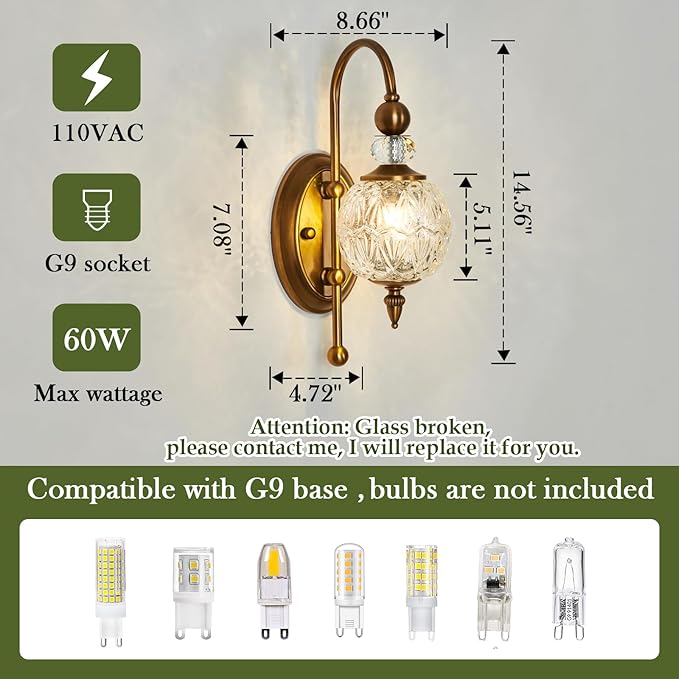Piepooye Vintage Gold Wall Sconce Set of Two Mid Century Brushed Brass with Glass Globe Shade Vanity Light Indoor G9 Bulb Wall Light for Bathroom Farmhouse Bedroom Living Room Hallway